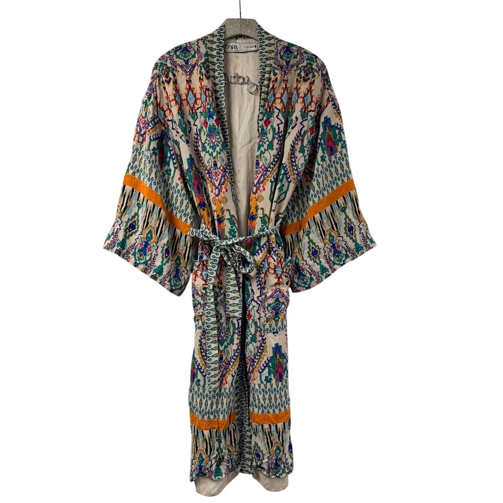 Zara Colorful Kimono Cardigan Robe Jacket Large Tie Front Wrap
